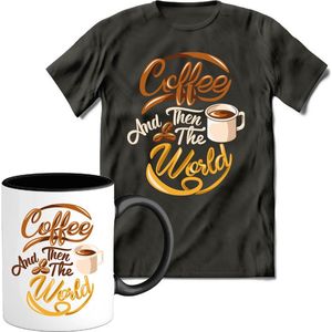 T-Shirtknaller T-Shirt met Koffiemok | Coffee And Then The Worky - Koffie Kleding | Heren / Dames Shirt met Mok Cadeau | Kleur grijs | Maat XL