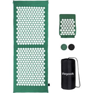 LifeGoods Acupressuur Mat XL - 128x48x2cm - Spijkermat met Kussen - Shakti mat - Spijkermat Incl. 2x Triggerpoint Bal - Groen/Wit