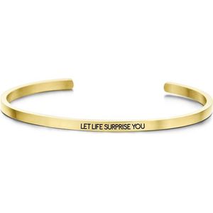 Key Moments 8KM-B00086 - Stalen open bangle met tekst - let life surprise you - zirkonia - one-size - goudkleurig