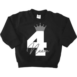 Verjaardag sweater kroon met naam-4 jaar-zwart-Maat 104
