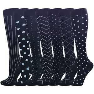 7 paar Interessante patronen compressiekousen voor dames en heren, kniekousen met aflopende ondersteuning voor reizen en vluchten(L-XL)