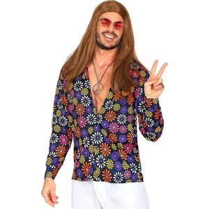 Widmann - Hippie Kostuum - Shirt Vol Madeliefjes Hippie Man - Paars, Multicolor - XXL - Carnavalskleding - Verkleedkleding