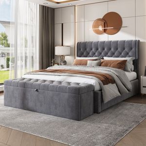 Sweiko Gestoffeerd bed 140 x 200 cm, met hydraulische hendel, Functioneel bed met roosterframe en opbergruimte, met Gestoffeerde bank, Bank met opbergruimte, fluweel, Grijs