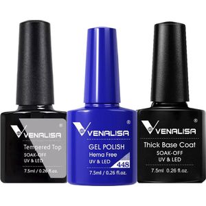 Venalisa UV Gellak Set Blauw - Top Coat - Base Coat - 22.5 ml (3x 7.5 ml) - Gellak Starterspakket - Blauwe Gellak - Gellak Starter Set - Gellak Donkerblauw - Gellak Blue - Gellak Donker Blauw - Venalisa Gellak - Gellak Nagellak