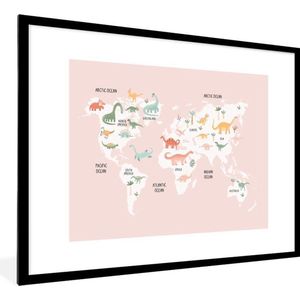 Wereldkaart - Kinderen - Dino - Schoolplaat - Kinderkamer - 80x60 cm