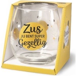 Wijnglas - Waterglas - Zus jij bent super gezellig - Gevuld met Italiaanse bonbons - In cadeauverpakking met gekleurd lintt