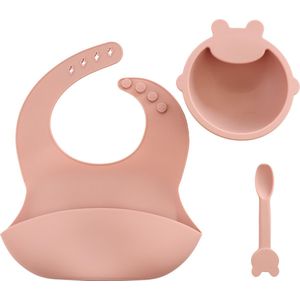 KliederZ 3-delige Siliconen Eetset | voor baby en peuters | Slabbetje Schaaltje Lepel | Kwalitatieve kinder serviesset met opvangbakje en zuignap | Lichtroze Peach SE03