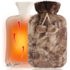 Mrs. Jones Collection Warmwaterkruik - 2 liter - Zacht rubber - Ultrazachte pluche hoes - Volwassenen en kinderen - Bruin warmtetherapie .