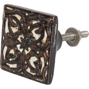 Clayre & Eef Deurknop 4 cm Bruin Beige Kunststof Ijzer Vierkant Bloem Meubelknop