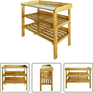 vidaXL Tuinmeubilair - Oppottafel - Oppottafel met 2 schappen massief acaciahout en zink - Buitentafel - Houtschilderij - Acaciahout