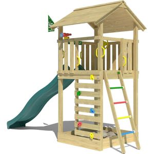 Jungle Gym speeltoestel van grenen hout - Jungle Cottage met donkergroene glijbaan - Tuin speeltoestel voor buiten met klimladder, klimwand en zandbak