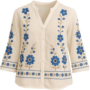 Suzzy & Milly Bloemenblouse – Wit Linnen Look Blousje met Blauwe Borduursels - M