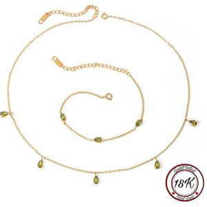 Borasi Green Drop Set | Ketting en Armband | 18K Goldplated | Groen Druppel Set | Zirkonia Stenen | Elegante Sieraden Set | Vrouwen Sieraden | Cadeau Voor Haar | Verjaardag Cadeau | Moederdag Cadeau | Luxe Borasi Geschenkdoos | Moederdag Cadeautje