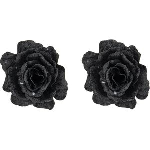 2x stuks decoratie bloemen roos zwart glitter op clip 10 cm - Decoratiebloemen/kerstboomversiering/kerstversiering