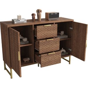 Merax Dressoir met 3 Lades en 2 Deuren – Opbergkast 120x40x75 cm – Houten Kast met Metalen Handgrepen - Verstelbare Planken - Bruin