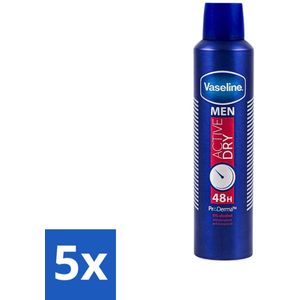 5 x Vaseline - Men Active Dry - Deospray - Anti-Transpirant - 250 ml - Verzorgend Deodorant - Zonnebloemolie - Aloë Vera - Snel Drogend - Mannelijke Geur