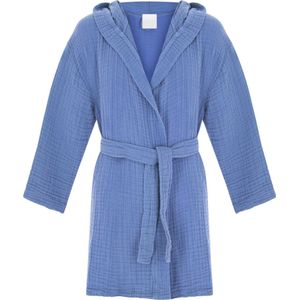 Badjas kind met capuchon - Mousseline 100% katoen - kinderbadjas voor jongens en meisjes - Douche & Zwembad & Strand - Blauw 1-2 jaar