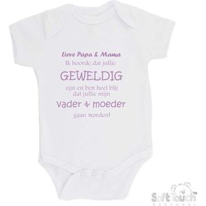 100% katoenen Romper ""Lieve papa & mama ik hoorde dat jullie geweldig zijn en ben heel blij dat jullie mijn vader & moeder gaan worden!"" Meisjes Katoen Wit/lila Maat 56/62