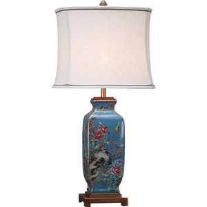 Fine Asianliving Oosterse Tafellamp Porselein Blauw Handgeschilderd met Kap