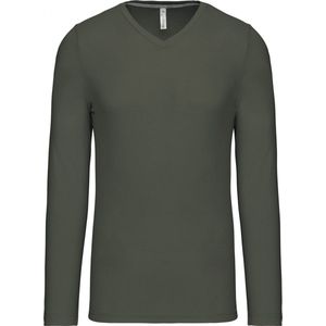 Kariban Herenshirt met lange mouwen en V-hals Dark Khaki - L