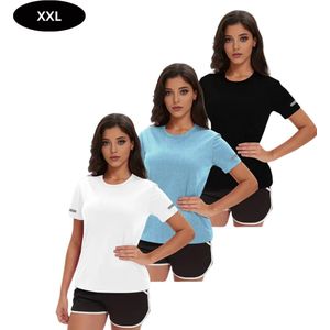 Livano Sportshirt Dames - Sport - Fitness - Compressie Shirt - Corrigerend Hemd - Sportkleding - Vrouwen - 3 Stuks - Zwart + wit + Blauw - XS