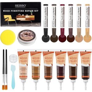 Houten Meubel Reparatieset met 6 houtvullers, 6 bijwerkmarkers en houtpoetswas voor krassen, vlekken en scheuren op houten meubels, deuren, laminaat en tafels