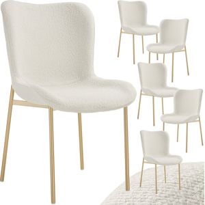 tectake® Tessa - Eetkamerstoel - Bouclé stof - Wit/goud - Set van 6