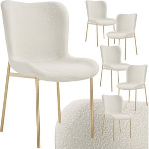 tectake® Gestoffeerde stoel - Eetkamerstoel - Bouclé stof - Ergonomische vorm - Hoge rugleuning - Draagkracht 120 kg - Diverse kleuren - Set van 6 - Wit/goud