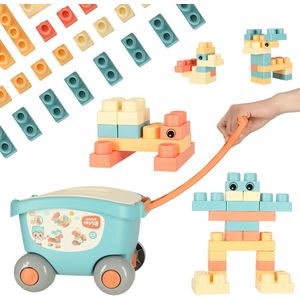 Playos® - Trekkar met Bouwblokken - met Deksel - 32 delig - Pastel - Blokken - Constructiespeelgoed - Bouwstenen - Educatief Speelgoed