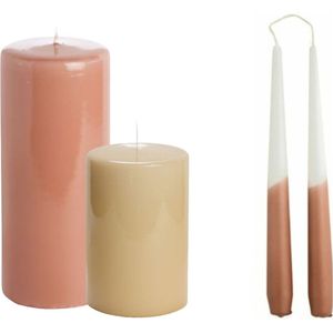 Luxe Kaarsen Rustik Lys - 3 Kaarsen - Grote Roze Hoogglans Stompkaarsen - Dipped Tweeling Dinerkaarsen - Brique Apricot Rose - 104 Branduren