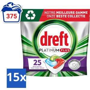 Dreft Platinum Plus - Vaatwascapsules - Deep Clean Boosted - Fresh Herbal Breeze - 25 Afwasbeurten - Bulkverpakking - 15 stuks
