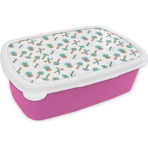 Broodtrommel Roze - Lunchbox - Brooddoos - Schaar - Potlood - Patronen - 18x12x6 cm - Kinderen - Meisje