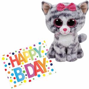 Pluche Knuffel Kat/Poes Ty Beanie Kiki 15 cm met A5-size Happy Birthday Wenskaart