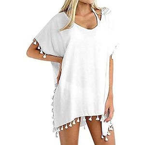 Strandponcho voor dames, zomer, bikini cover-up, badpak jurk met kwastjes, herbruikbaar, wit, One size