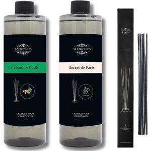Navulling Patchouli Oudh + secret de paris + Geurstokjes - Geurstokjes Navulling Set van 2 + 5 Geurstokjes - Geurverspreider - Luchtverfrisser - Huisparfum - 400ml x 2