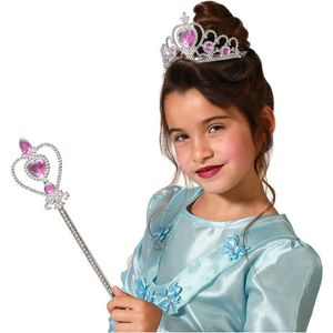 Atosa Carnaval verkleed Tiara/diadeem - Prinsessen kroontje met toverstokje - zilver/roze - meisjes
