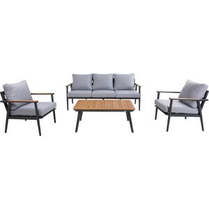 AXI Bibi Stoel-bank loungeset 4-delig Antraciet/Teak – 2 Stoelen en bank met tafel - Gepoedercoat aluminium frame – Grijze kussens - 5 Personen