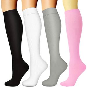 4-compressie sokken voor vrouwen - Sportcompressiekousen - Lange compressiekousen voor dames - vrouwen compressiekousen - Rekbare compressiekousen - voor hardlopen, atletische, reizen-Zwart/wit/grijs/roze*1-L/XL