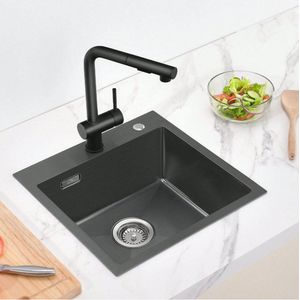 Auralum max Spoelbak Antraciet 45x45 - Spoelbak Keuken - Spoelbakken Keuken - Wasbak Keuken - Met Kraangat - keuken gootsteen RVS Staal Incl. Sifon en Afvoerzeefje