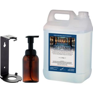 Zeepdispenser 300 ml amber bruin hervulbaar + 5 liter Handzeep Hammam Herbal navulling (inclusief beugel)