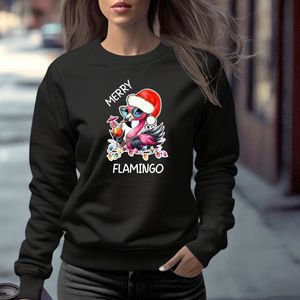 Dames kersttrui- Merry Flamingo- Maat S- zwarte kersttrui- Foute kersttrui flamingo.