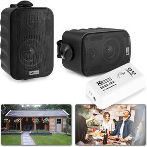 Geluidsinstallatie voor tuin, terras, etc. - Bluetooth geluidsinstallatie met 2 weersbestendige opbouwspeakers (3 inch) - Zwart