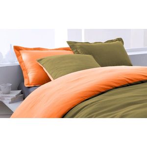 SENZA DONNA 100% Katoen Percaline Dekbedovertrek Uni Double Face 140x200/220-1x60x70 cm ( 240 cm Lang ) LEGERGROEN/ORANJE