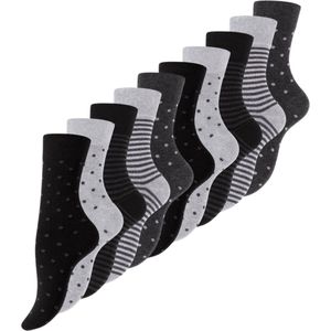 10 paar Damessokken - Dots Stripes - Zwart/Grijs-mix - Maat 35-38
