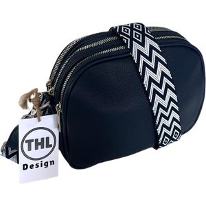 THL Design - Kleine Dames Schoudertas - Klein Tasje - 3 vakken - Bag Strap - Tassenriem blauw / wit - Donkerblauw
