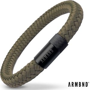 ARMBND® Heren armband - Legergroen Touw met Zwart Staal - Armand heren - Maat L/XL - 24 cm lang - The original - Touw armband