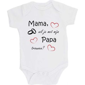100% katoenen Romper bedrukt met grappige tekst Kado Cadeau Huwelijksaanzoek Aanzoek Huwelijk ""Mama wil je met mijn papa trouwen"" 2.0 Unisex Katoen Wit/zwart/rood Maat 56/62