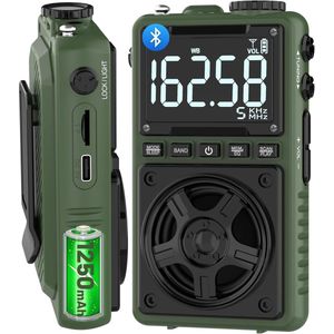 Bluetooth AM FM-kortgolfradio met NOAA-weeralarm, oplaadbare draagbare zakradio van 1250 mAh met de beste ontvangst, grote 5W-luidspreker, digitale tuner en oortelefoon, ondersteuning voor SD-kaart en USB MP3-speler