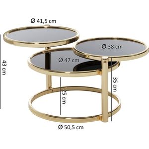 Rootz Salontafel - Drie Lagen - Bijzettafel - Ronde Salontafel - Metaal - Glas - Zwart - Goud/Koper