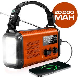 Noodradio Opwindbaar en Batterij - Zaklamp Opwindbaar - Powerbank Zonneenergie 20000 mah - Transistor Radio op Batterijen voor Rampen - Noodradio Solar Opwindbaar - Noodpakket voor Thuis - Powerbank - Oranje